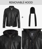 Mens Black Cafe Racer Leather Jacket with Removable Hood