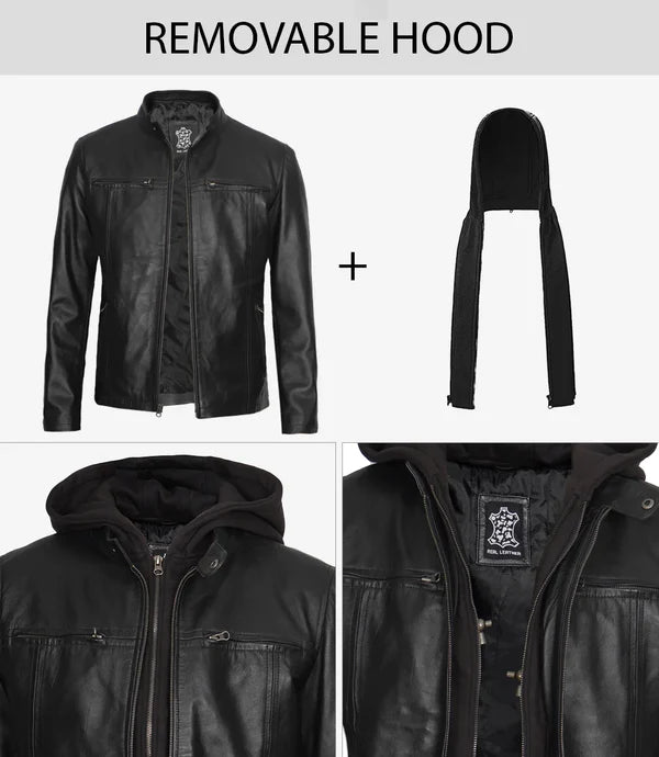 Mens Black Cafe Racer Leather Jacket with Removable Hood