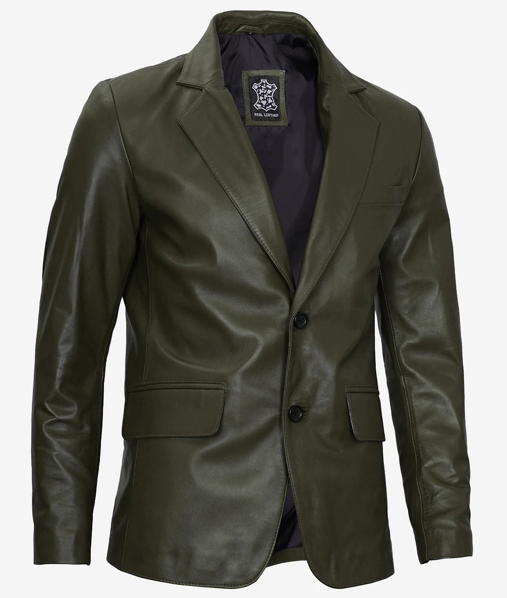 Mens Two Button Olive Green Leather Blazer