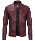 Dodge Men's Burgundy Cafe Racer Leather Jacket