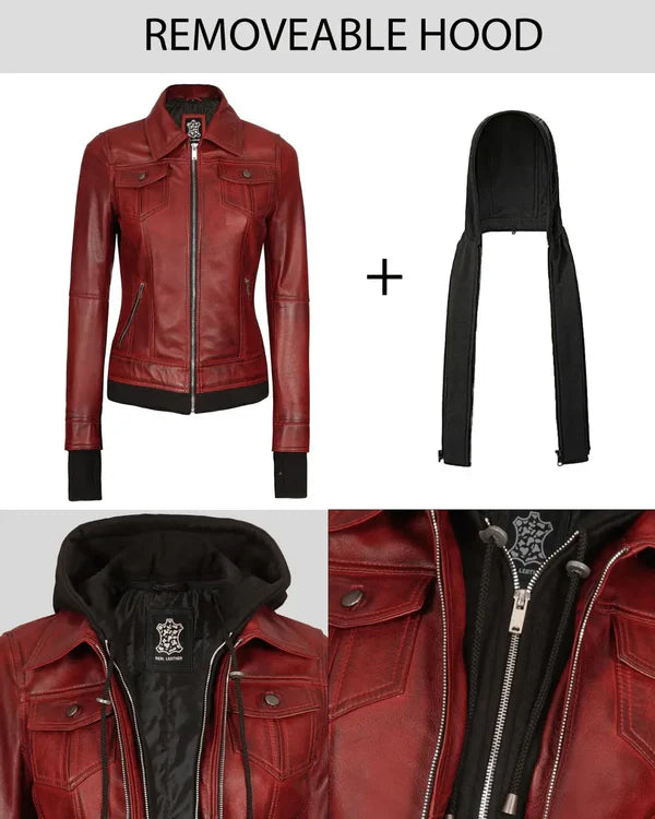 Tralee Women's Maroon Bomber Leather Jacket with Hood