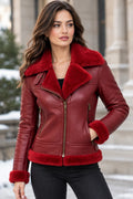 Women's Burgundy Sheepskin Leather Aviator Jacket with Real Fur Lining