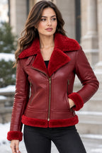 Women's Burgundy Sheepskin Leather Aviator Jacket with Real Fur Lining