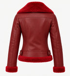 Women's Burgundy Sheepskin Leather Aviator Jacket with Real Fur Lining