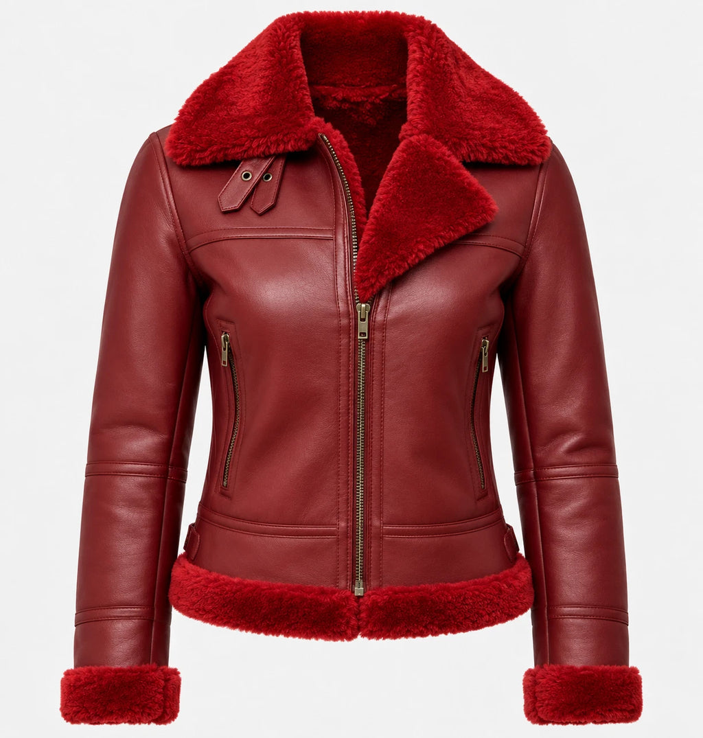 Women's Burgundy Sheepskin Leather Aviator Jacket with Real Fur Lining