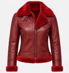 Women's Burgundy Sheepskin Leather Aviator Jacket with Real Fur Lining