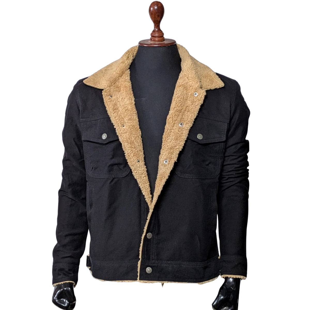 Mens Black Denim Sherpa Jacket Winter Fleece Lined Jean Trucker Warm Fur Coat