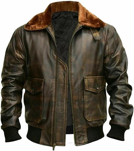 Mens G-1 Fur Collar Distressed Brown Leather Jacket