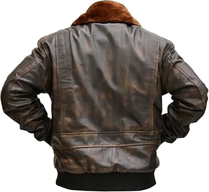Mens G-1 Fur Collar Distressed Brown Leather Jacket