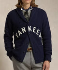Men's Navy Button-Up Knit Shawl Collar Cardigan