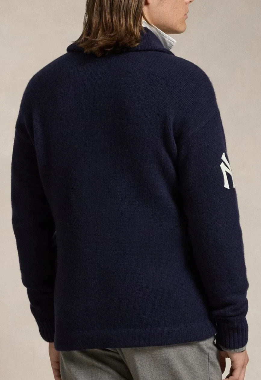 Men's Navy Button-Up Knit Shawl Collar Cardigan