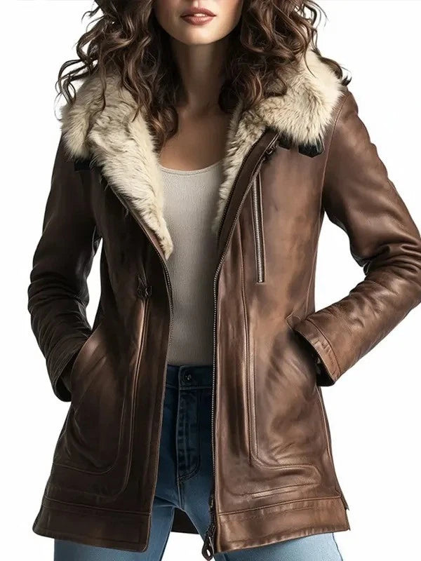 Women's Brown Genuine Sheepskin Leather Jacket with Warm Faux Fur Lining – Winter Coat