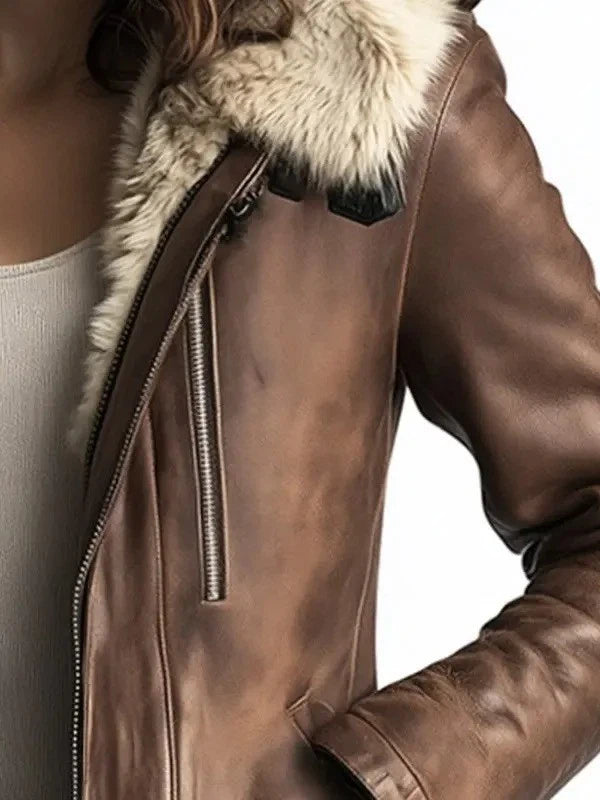 Women's Brown Genuine Sheepskin Leather Jacket with Warm Faux Fur Lining – Winter Coat