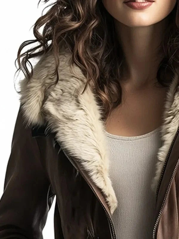 Women's Brown Genuine Sheepskin Leather Jacket with Warm Faux Fur Lining – Winter Coat