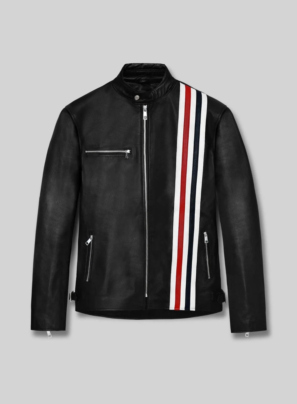 Men's Black Racing Stripe Leather Biker Jacket