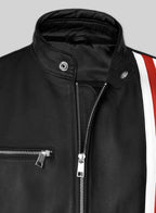 Men's Black Racing Stripe Leather Biker Jacket