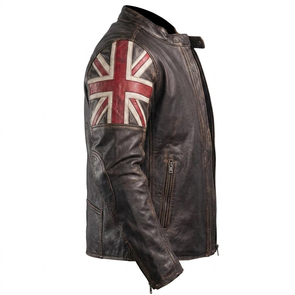 Men's UK Flag Union Jack Cafe Racer Leather Biker Jacket