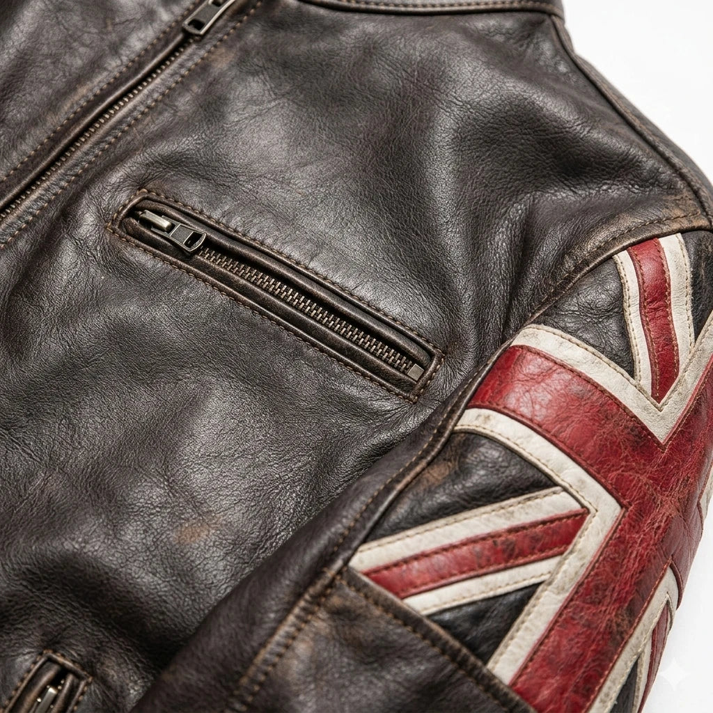 Men's UK Flag Union Jack Cafe Racer Leather Biker Jacket