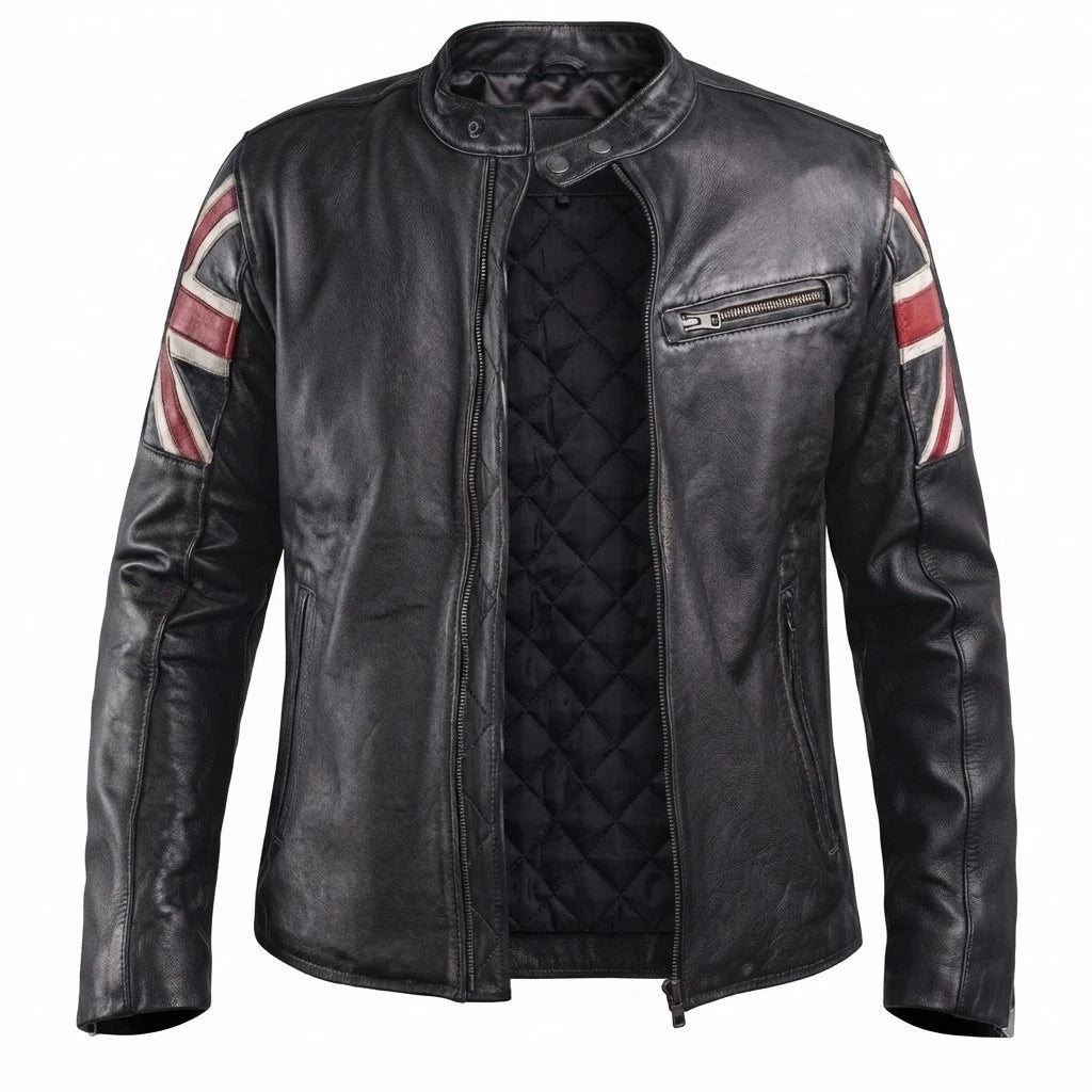 Men's UK Flag Union Jack Cafe Racer Leather Biker Jacket