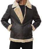 Men's Real Leather Dark Brown Bomber Fur Aviator Jacket