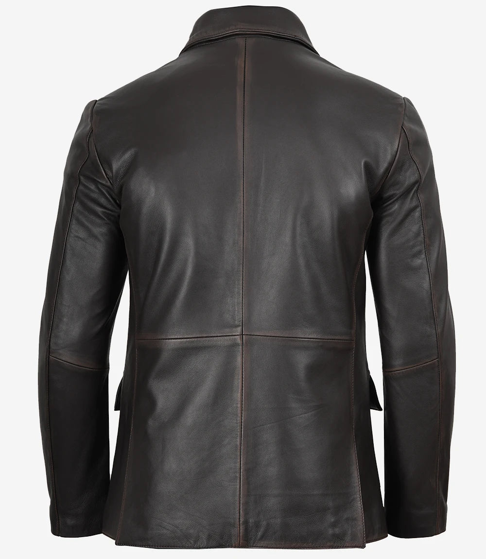 Mens Notch Lapel Distressed Brown Leather Blazer - Two Button