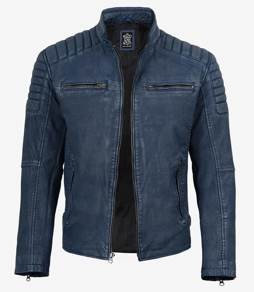 Men's Washed Blue Distressed Lambskin Biker Jacket