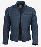 Men's Washed Blue Distressed Lambskin Biker Jacket