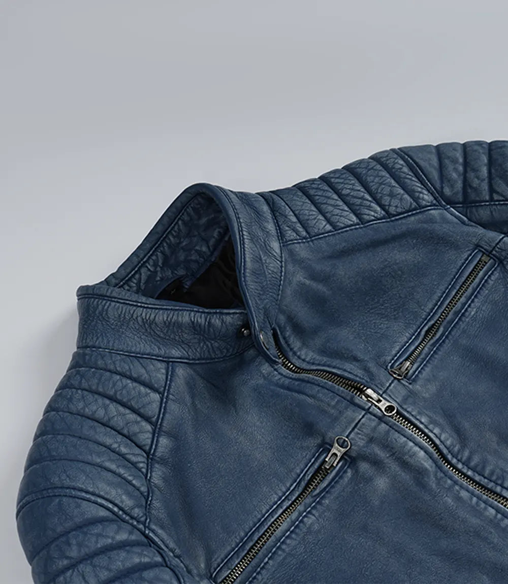 Men's Washed Blue Distressed Lambskin Biker Jacket
