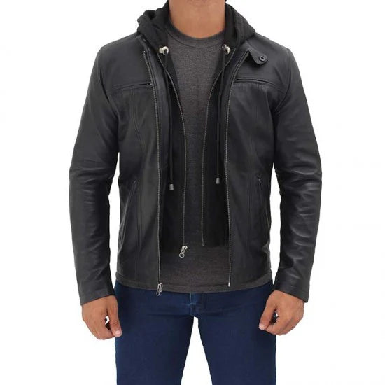 Mens Black Cafe Racer Leather Jacket with Removable Hood