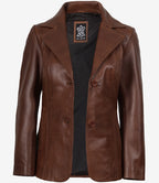 Women's Notch Lapel Two Button Cognac Leather Blazer