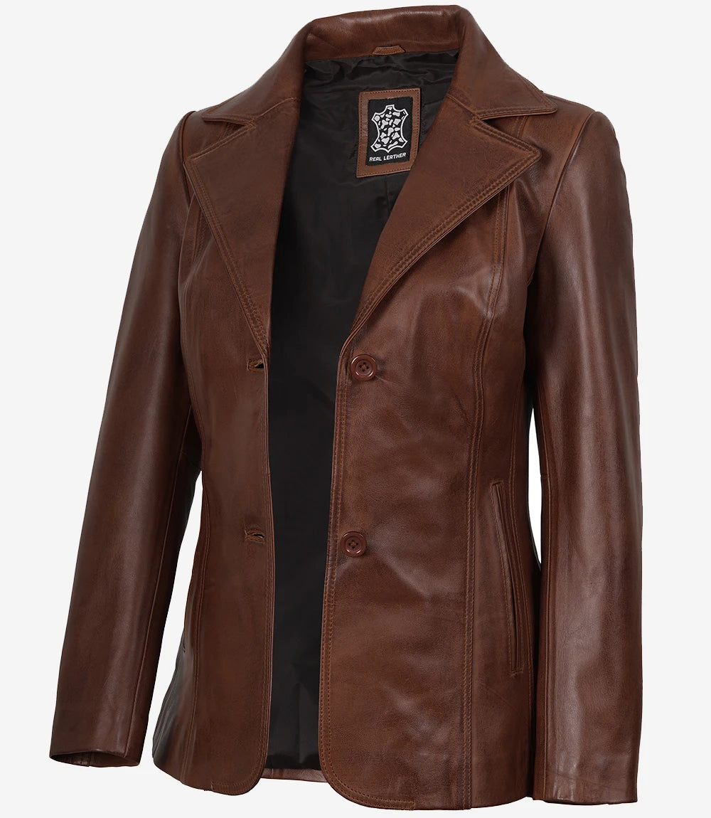 Women's Notch Lapel Two Button Cognac Leather Blazer