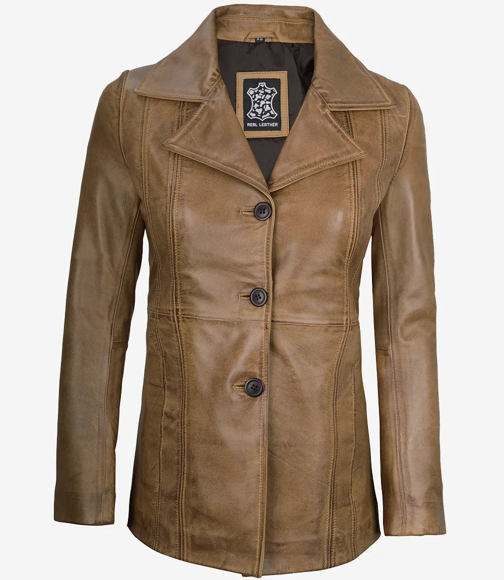 Women's Three Button Camel Brown Leather Blazer
