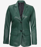 Womens Two Button Green Leather Blazer