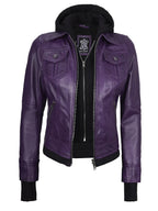 Women's Purple Leather Jacket with Removable Hood