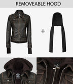 Tralee Women Dark Brown Bomber Leather Jacket With Removable Hood