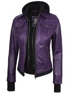 Women's Purple Leather Jacket with Removable Hood