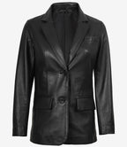 Womens Two Button Notch Lapel Black Leather Blazer Jacket