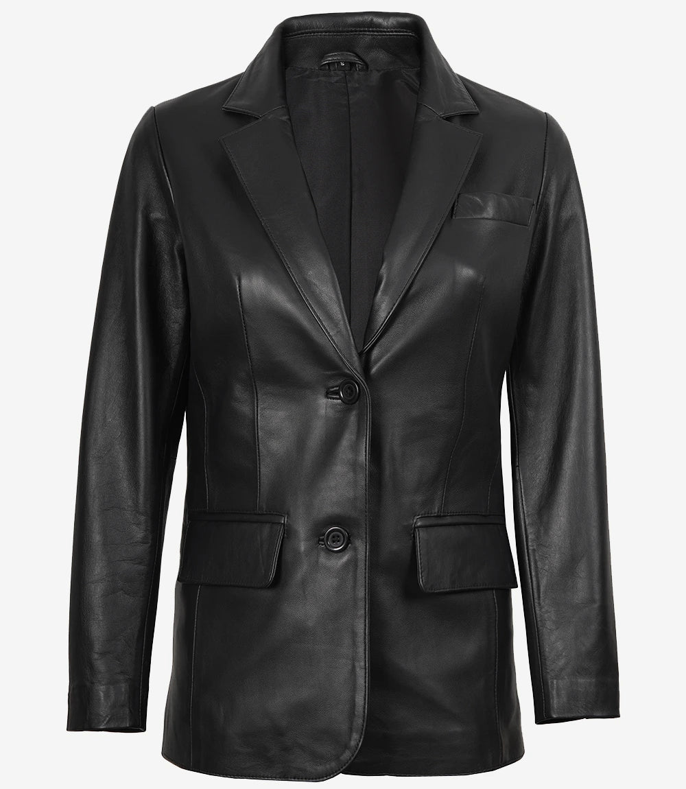 Womens Two Button Notch Lapel Black Leather Blazer Jacket