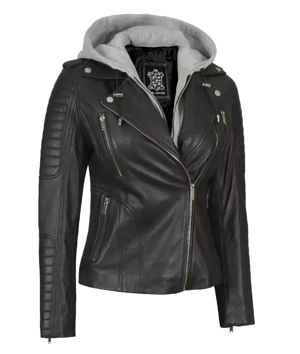 Womens Black Leather Biker Style Jacket With Removable Hood