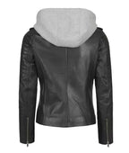 Womens Black Leather Biker Style Jacket With Removable Hood