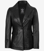 Womens Single Button Black Leather Blazer - Peak Lapel