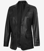 Womens Two Button Notch Lapel Black Leather Blazer Jacket
